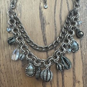 LOFT Antique Gold Layered Charm Necklace with Crystal Drops